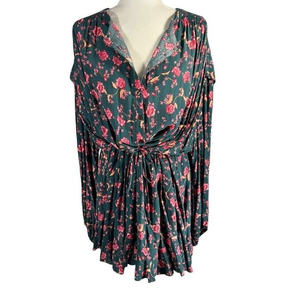 Free People New Floral Green Button Front Long Sleeve Dress Medium - Picture 3 of 10